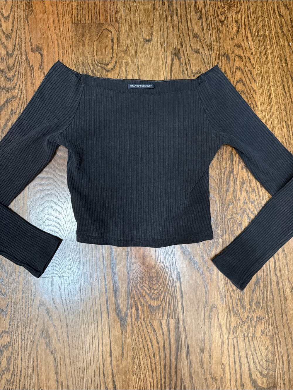 Brandy Melville Black Ribbed Off-Shoulder Crop Top